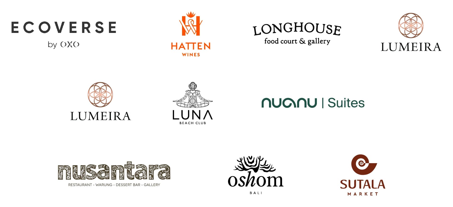 Ecoverse by OXO, Hatten Wines, Longhouse Food Court and Gallery, Lumeira, Luna Beach Club, Nuanu Suites, Nusantara, Oshom Bali, and Sutala Market
